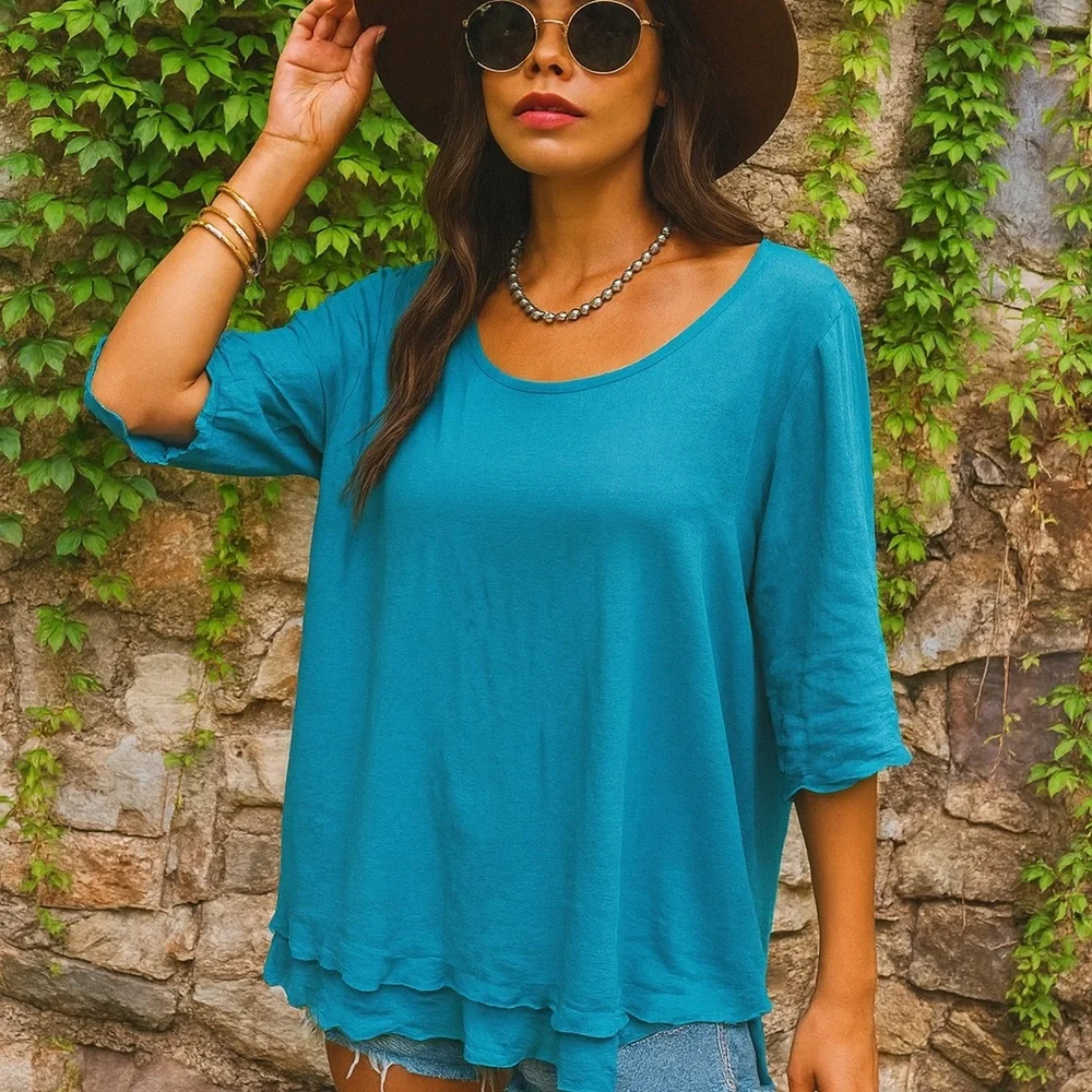 NWT SOFT SURROUNDINGS Scoop Neck 3/4 Sleeve Peacock Green Gauze Layered Blouse M - Picture 1 of 12